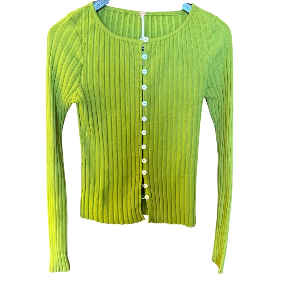 NWT Free People Womens L Tilly Cardamom Seed Green Ribbed Cardigan Boho Retro